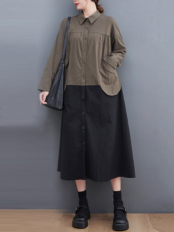 Original Loose Long Sleeves Buttoned Contrast Color Lapel Collar Midi Dresses