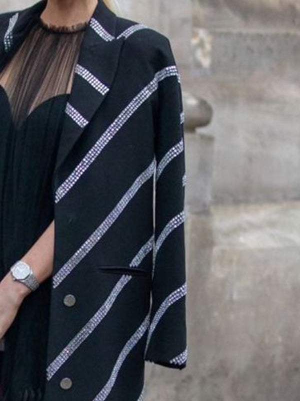 Buttoned Pockets Striped Long Sleeves Loose Notched Collar Trench Coats Outerwear