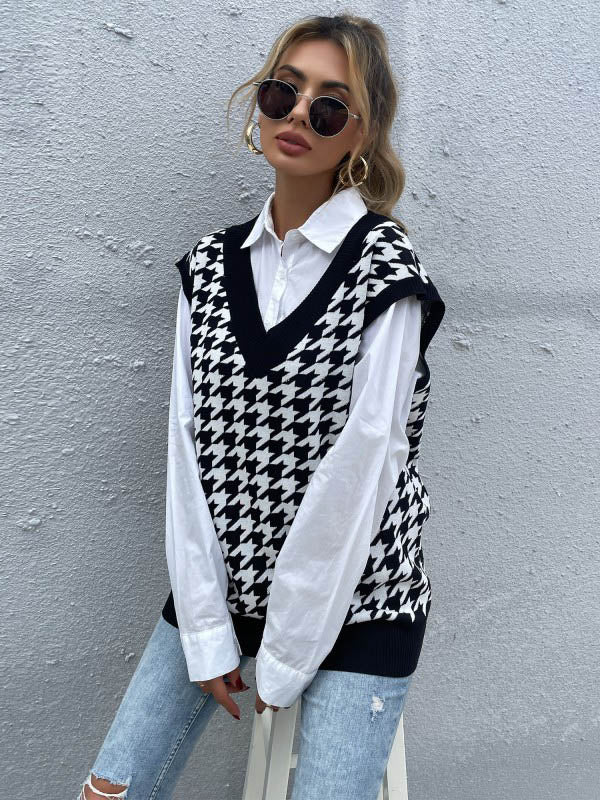 Vintage Loose Houndstooth V-Neck Vest Top