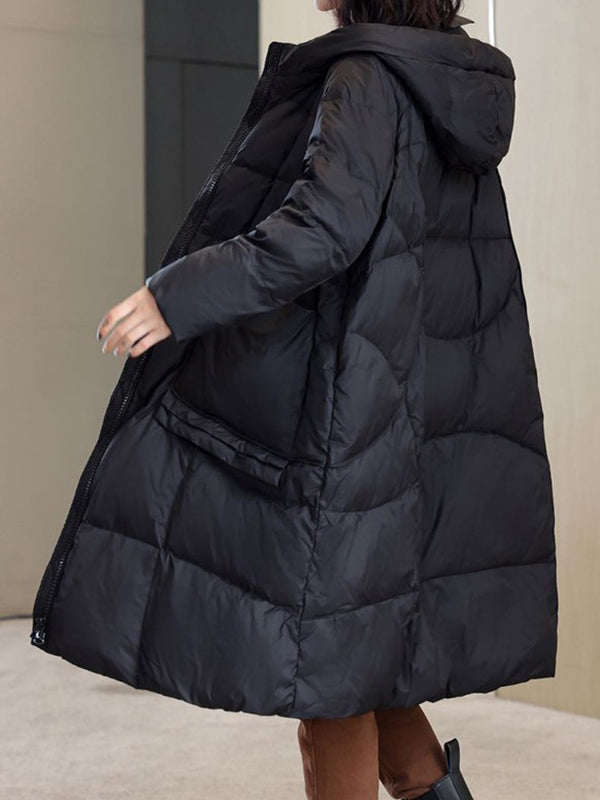 Pockets Solid Color Split-Joint Long Sleeves Loose Hooded Down Coat