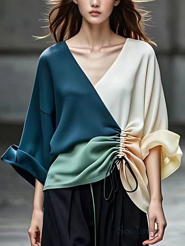 Color-Block Contrast Color Drawstring Elasticity Long Sleeves Loose V-Neck Blouses&Shirts Tops