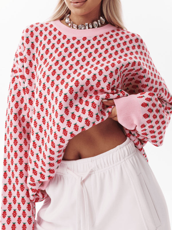 Pleated Split-Joint Long Sleeves Loose Round-Neck Sweater Tops