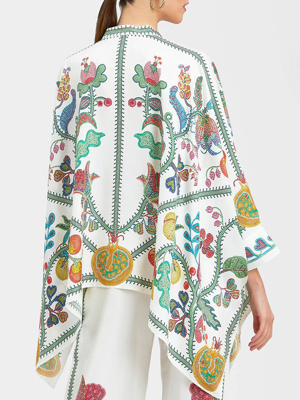 Buttoned Flower Print Batwing Sleeves High-Low Mock Neck Blouses&Shirts Tops