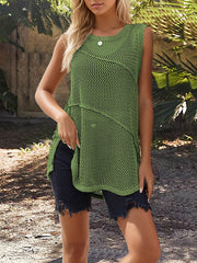 Hollow Solid Color Split-Joint Loose Sleeveless Round-neck Vest Top
