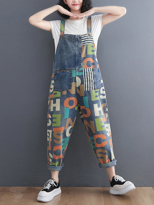 Asymmetric Buttoned Letter Print Pockets Split-Joint Striped High Waisted Loose Overalls