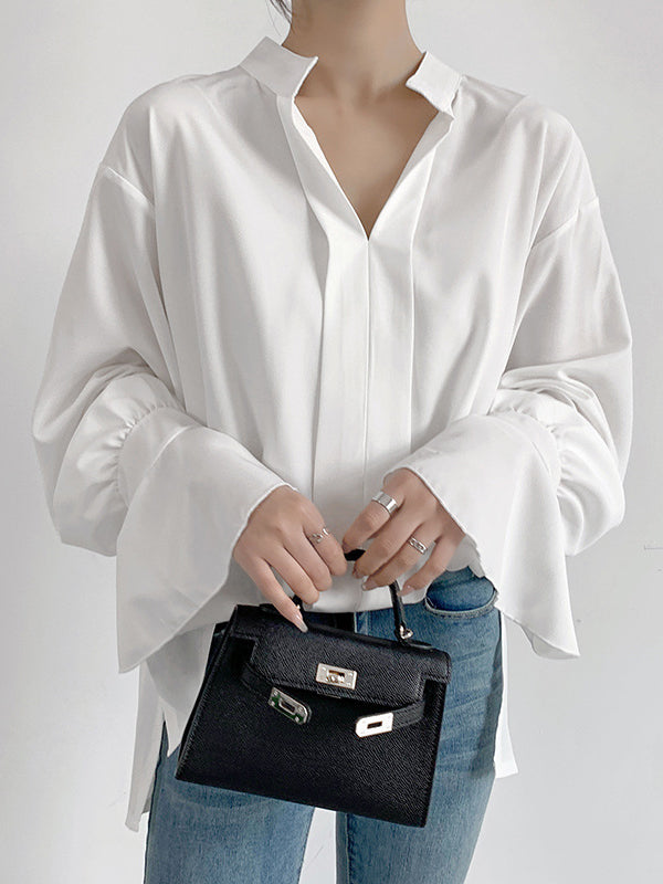 Buttoned Solid Color Split-Side Flared Sleeves High-Low V-Neck Blouses&Shirts Tops