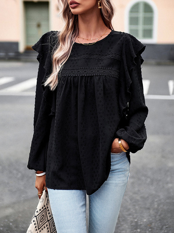 Hollow Jacquard Solid Color Split-Joint Loose Puff Sleeves Round-Neck T-Shirts