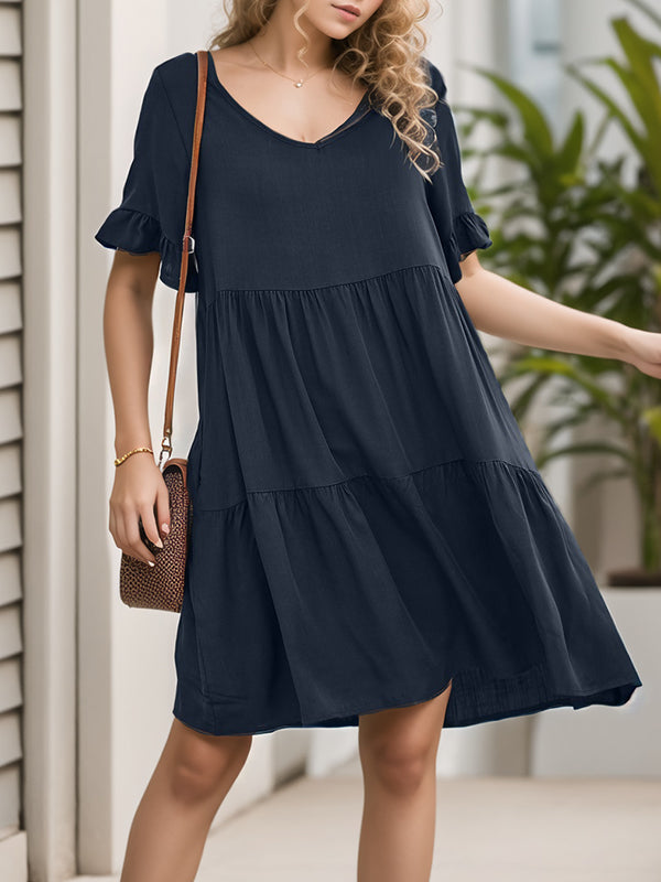 Pleated Pockets Ruffled Solid Color Split-Joint A-Line Flared Sleeves Round-Neck Mini Dresses