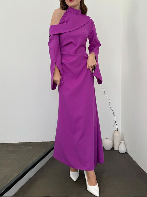 Flared Sleeves Asymmetric Buttoned Hollow Solid Color Zipper Cold Shoulder Evening Dresses Maxi Dresses