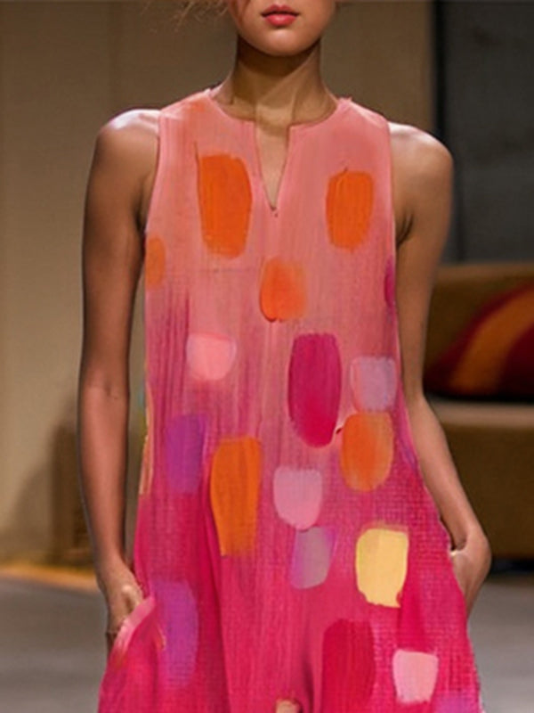 Printed Split-Joint Loose Sleeveless Round-Neck Jumpsuits
