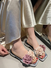 Flower Shape Open Toe Split-Joint Square-Toe Slippers&Mules