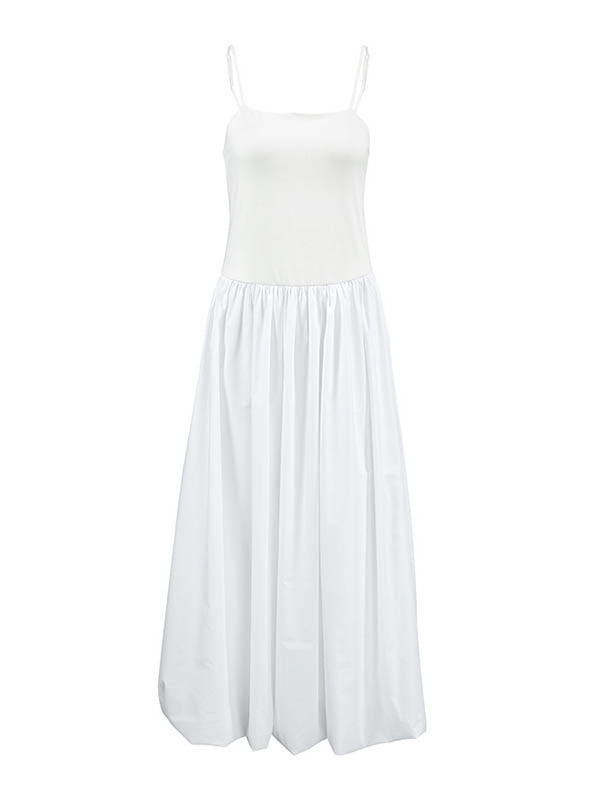 Pleated Solid Color Split-Joint Loose Sleeveless Spaghetti-Neck Midi Dresses