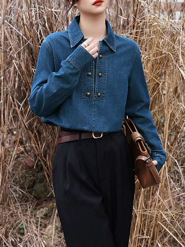 Buttoned Split-Joint Long Sleeves Loose Lapel Blouses&Shirts Tops