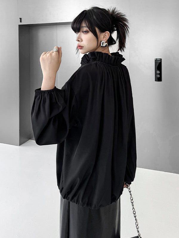 Drawstring Pleated Pullover Design Solid Color Long Sleeves Loose Lace Collar Blouses&Shirts Tops