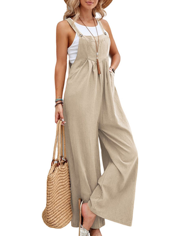 Pleated Split-Joint Loose Plus Size Spaghetti-Neck Overalls