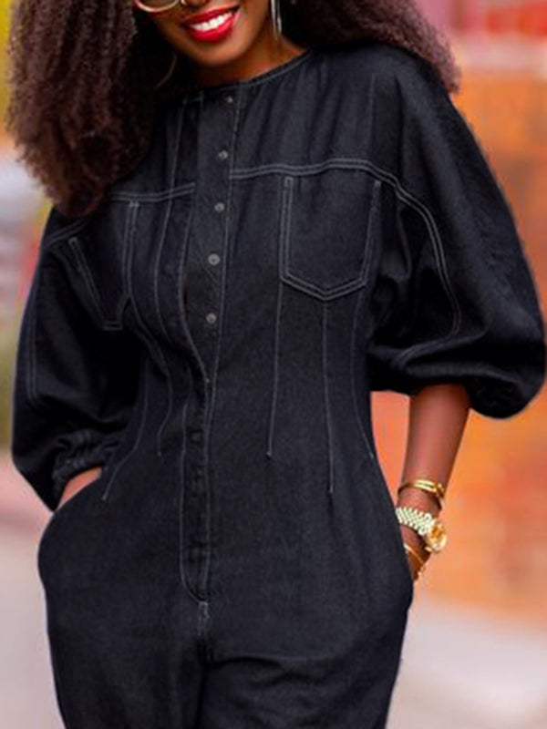 Split-Joint Puff Sleeves Round-Neck Jumpsuits