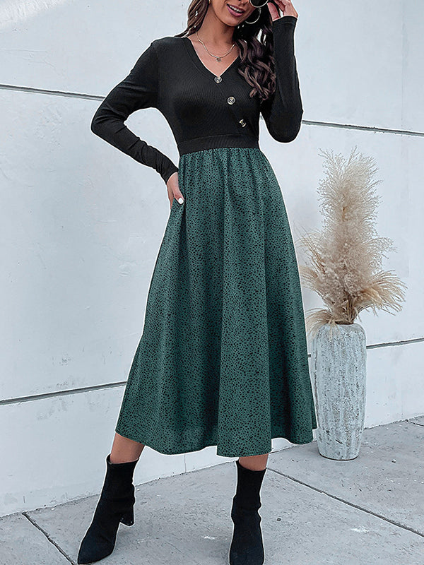 Asymmetric Buttoned Leopard Split-Joint High Waisted Long Sleeves V-Neck Midi Dresses