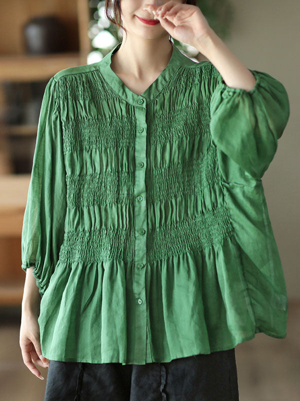Pleated Solid Color Split-Joint Loose Three-Quarter Sleeves Stand Collar Blouses&Shirts Tops