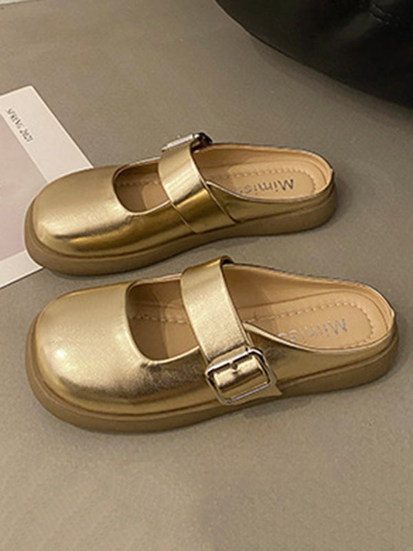 Belt Buckle Round-Toe Shallow Cut Split-Joint Slippers&Mules Platform Shoes