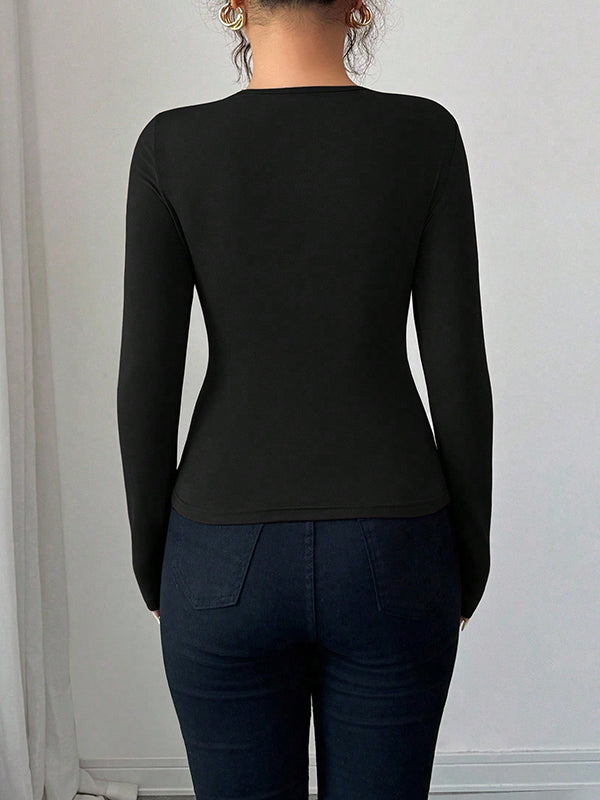 Solid Color Split-Joint Long Sleeves Skinny Asymmetric Collar T-Shirts