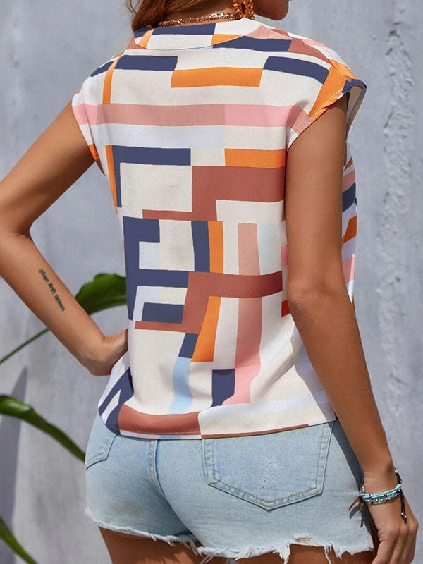 Printed Loose Sleeveless V-Neck T-Shirts Tops