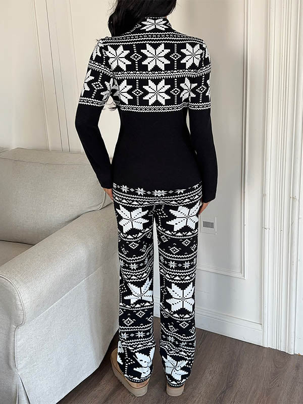 Loose Contrast Color Printed Split-Joint Striped  Long Sleeves Half Turtleneck Blouses&Shirts Tops + Wide Leg Pants Two Pieces Set