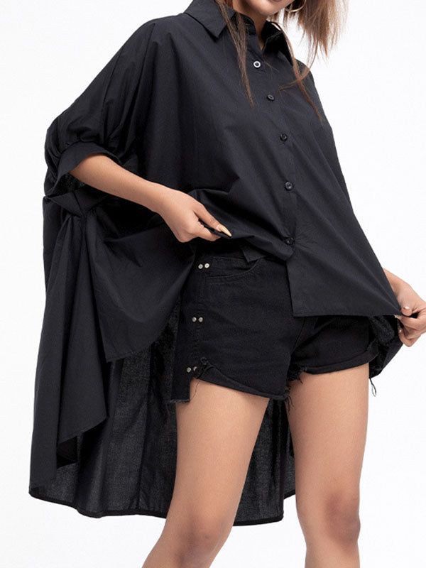 Solid Color Batwing Sleeves High-Low Lapel Blouses&Shirts Tops