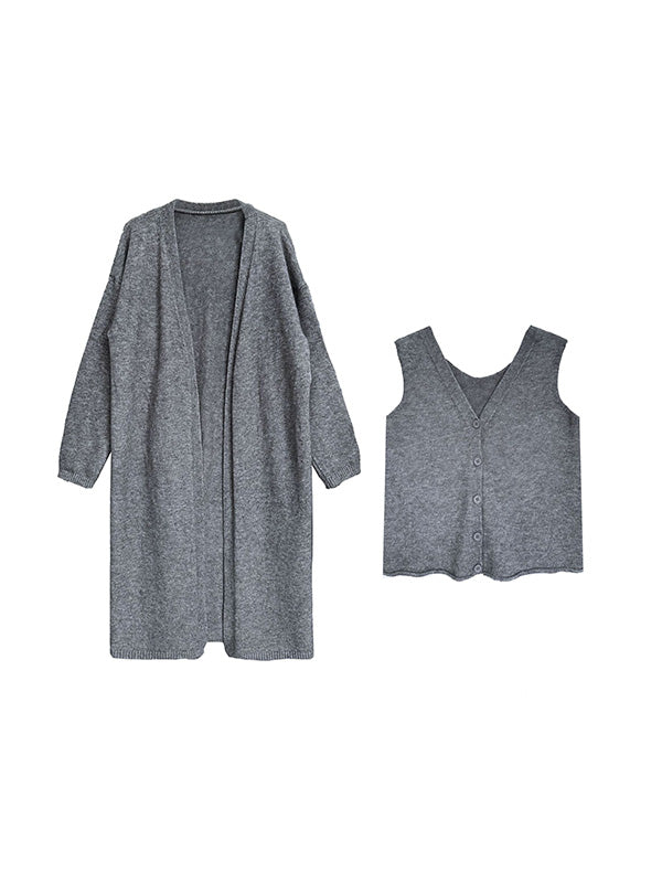 Buttoned Solid Color Long Sleeves Loose V-Neck Knit Vest + Cardigan Two Pieces Set