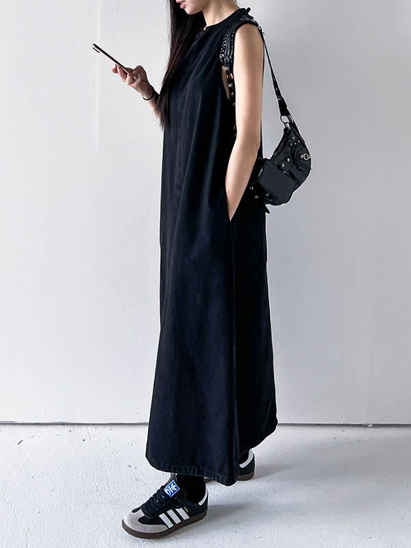 Pockets Solid Color Tied A-Line Loose Round-Neck Maxi Dresses