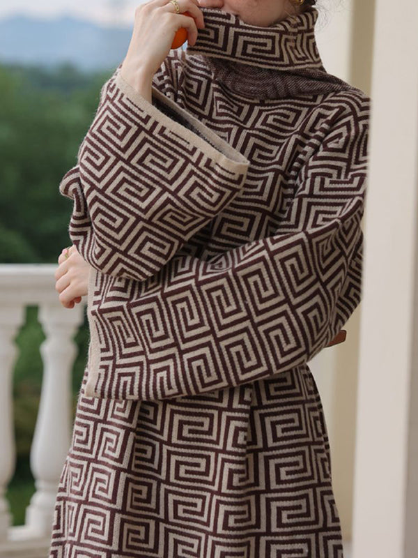 Jacquard Printed Flared Sleeves Long Sleeves High Neck Sweater Dresses Mini Dresses
