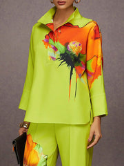 Long Sleeves Loose Buttoned Flower Print Stand Collar Blouses&Shirts Tops