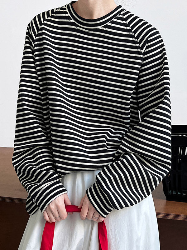 Contrast Color Striped Long Sleeves Loose Round-neck Sweatshirt Tops