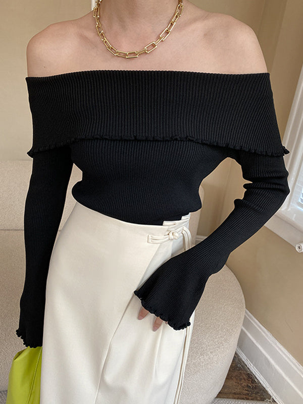 Falbala Solid Color Long Sleeves Skinny Off-the-shoulder Sweater Tops