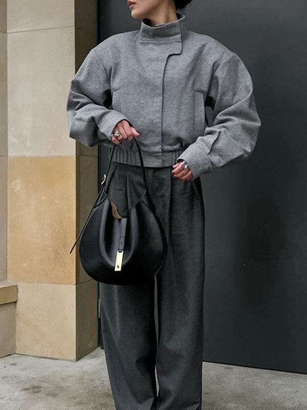 Elasticity Solid Color Long Sleeves Loose Stand Collar Woolen Coat