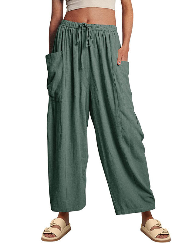 Drawstring Elasticity Pleated Pockets Solid Color High Waisted Loose Trousers Ninth Pants