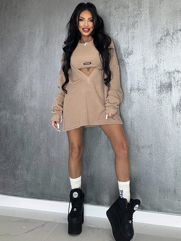 Loose Solid Color Round-neck Mini Dresses & Vest Top Two Pieces Set