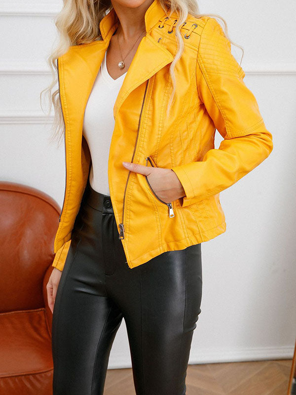 Split-Joint Zipper Long Sleeves Mock Neck Outerwear PU Jackets