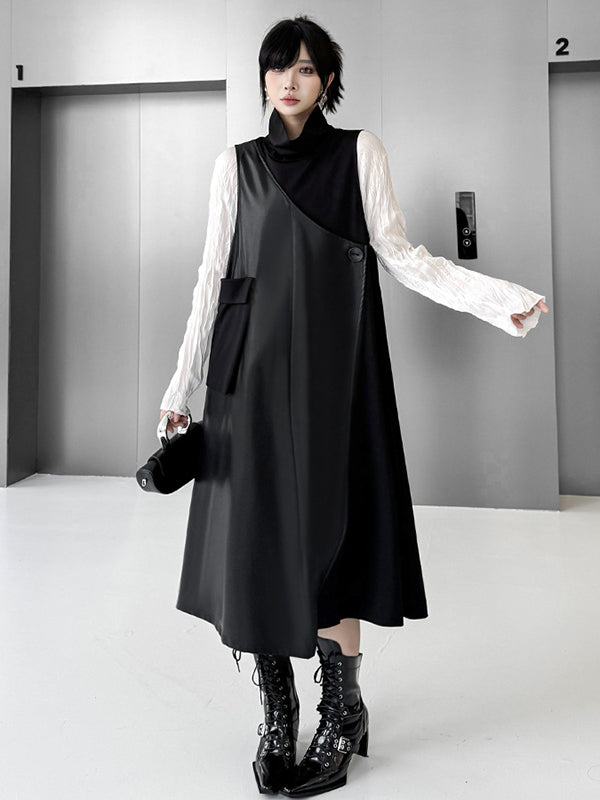 Asymmetric Buttoned Solid Color Split-Joint Irregularity Loose High Neck Midi Dresses