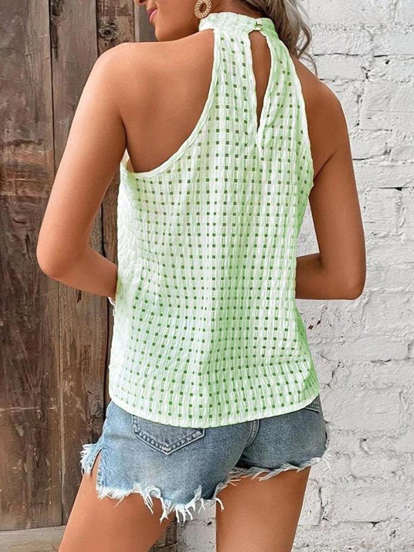 Hollow Jacquard Pleated Solid Color Loose Plus Size Halter-Neck Vest Top