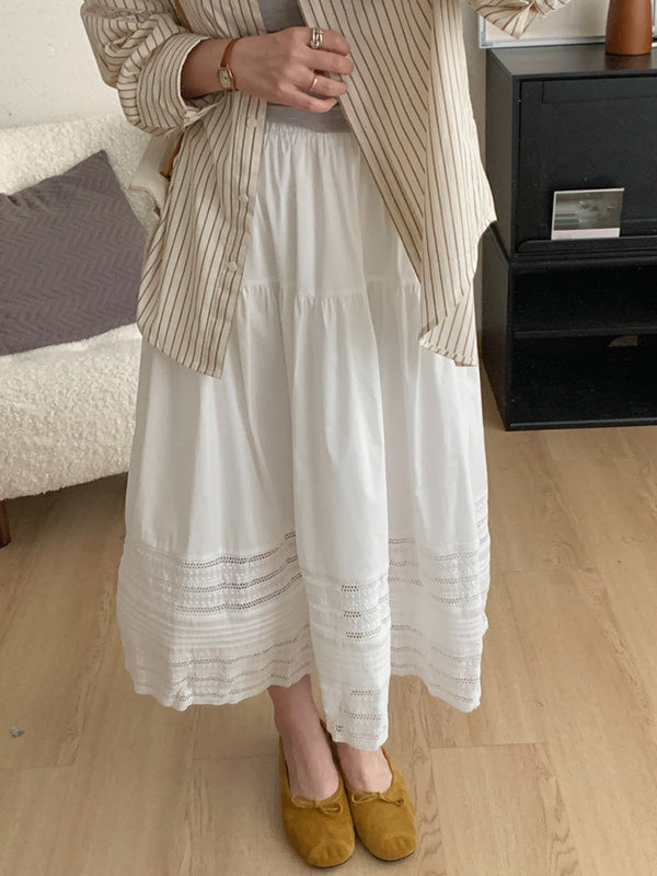 Hollow Solid Color Split-Joint A-Line High Waisted Skirts
