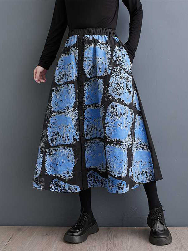 Contrast Color Elasticity Printed Split-Joint A-Line Loose Skirts