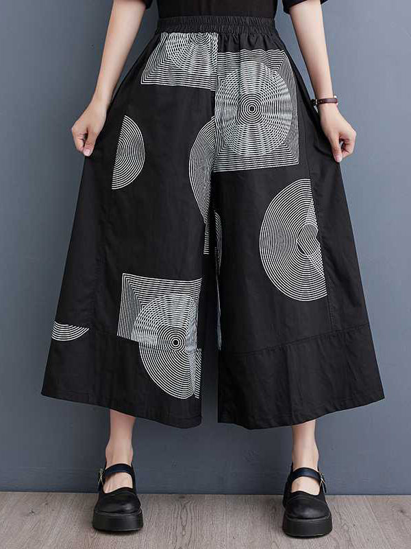 Elasticity Printed High Waisted Loose Pants Cropped Trousers