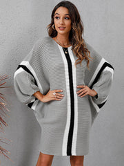 Original Loose 4 Colors Striped Round-Neck Batwing Long Sleeves Sweater Dress