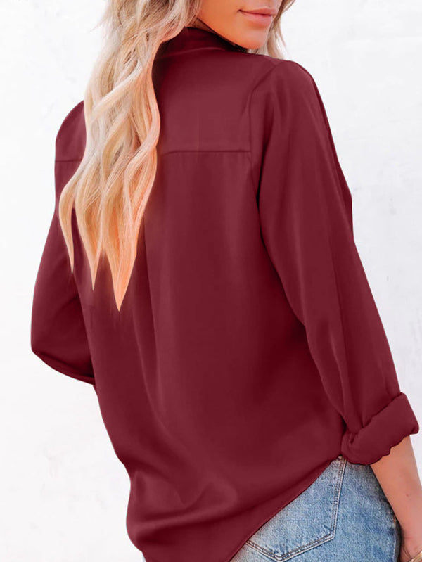 Urban Simple Long Sleeves Solid Color Lapel Blouses Top