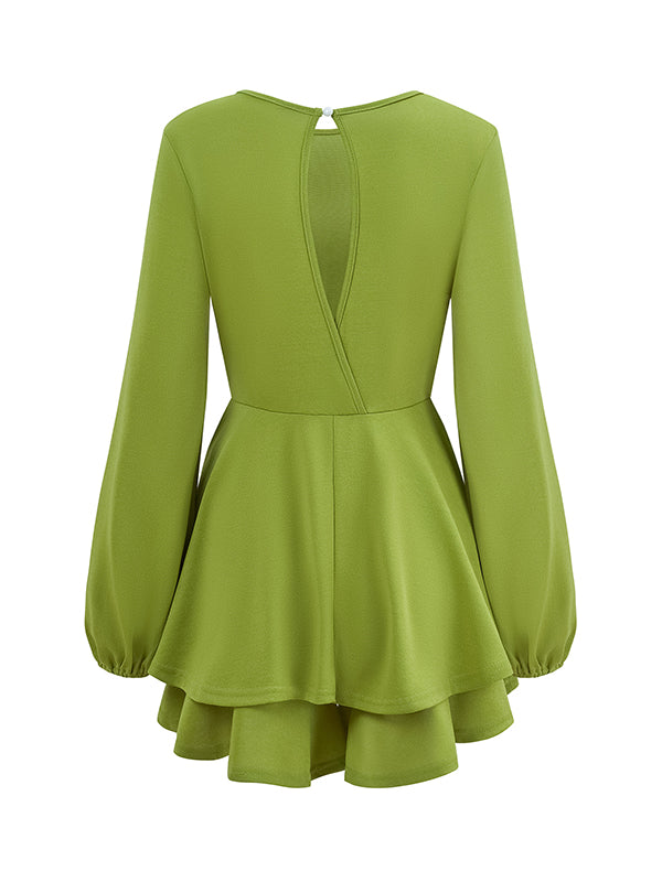 Elasticity Hollow Pleated Solid Color Long Sleeves Puff Sleeves Round-Neck Rompers
