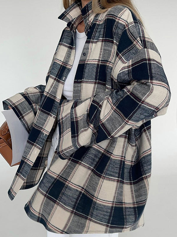 Plaid Split-Joint Long Sleeves Loose Lapel Blouses&Shirts Tops