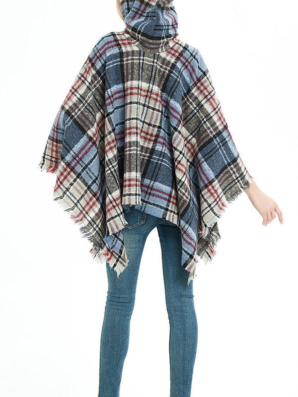 Fringed Hooded Keep Warm Plaid Shawl&Cloak Cape
