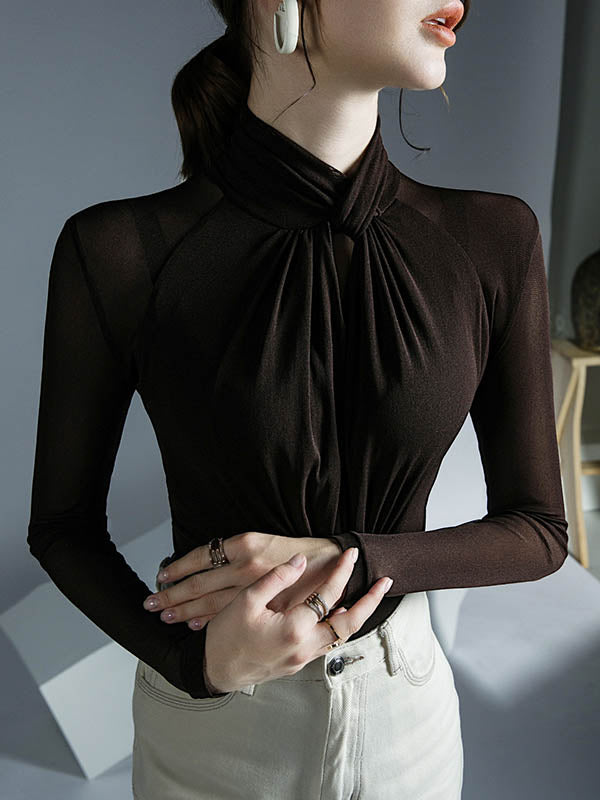 Hollow Mesh Pleated See-Through Solid Color Twist Long Sleeves Plus Size Half Turtleneck Blouses&Shirts Tops