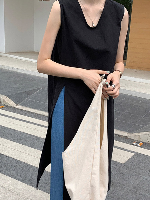 Solid Color Split-side Loose Sleeveless V-neck Vest Top
