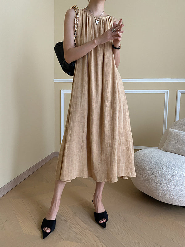 Pleated Solid Color A-Line Loose Round-Neck Midi Dresses
